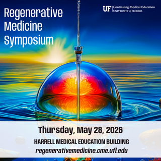 Regenerative Medicine Symposium poster with a vibrant syringe and cell illustration against a colorful background. Event details and date are below.